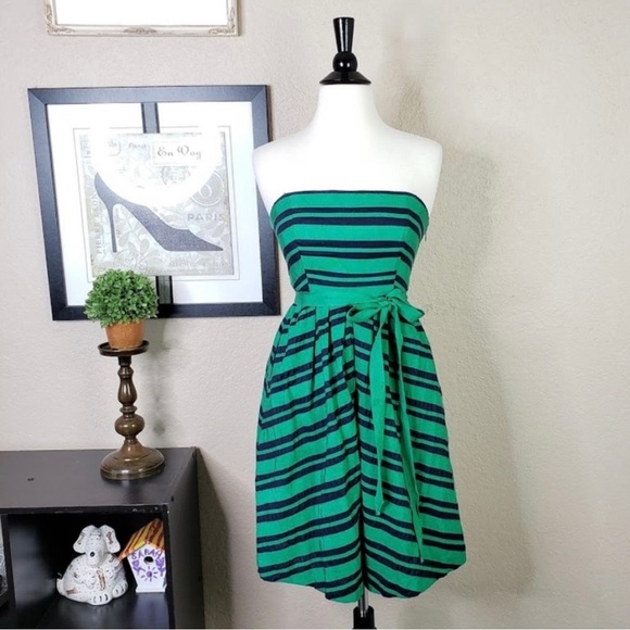 ANTHROPOLOGIE MOULINETTE SOEURS ~Kelly Green & Navy Striped Strapless Dress~Sz 0 - Picture 1 of 2